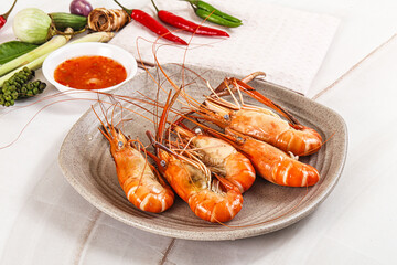 Boiled tiger prawn with sauce