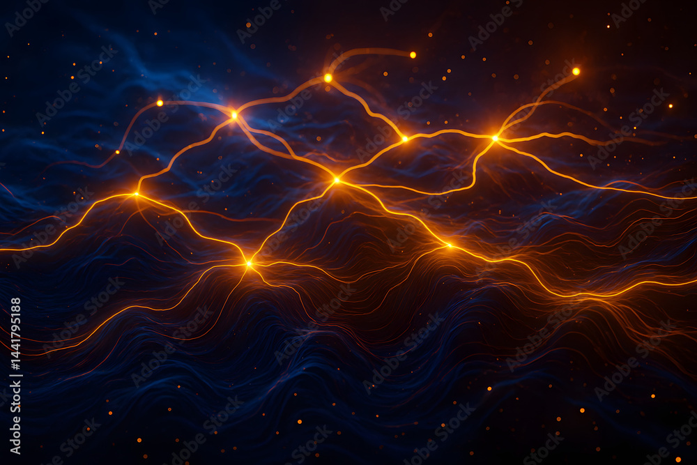 Poster cosmic neural network: abstract digital artwork depicting a vibrant network of glowing lines and nod