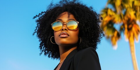 A woman with curly hair is wearing sunglasses and a black jacket. She is standing in front of a palm tree
