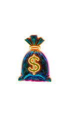 A neon money bag bouncing on a digital grid floor, leaving behind trails of fluorescent blue and green light.

