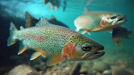 Fototapeta premium Trout swimming in a clear river, a peaceful moment in nature's aquatic harmony