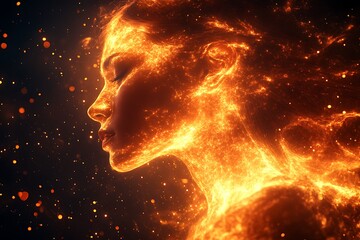 Fiery, abstract depiction of a woman's profile.