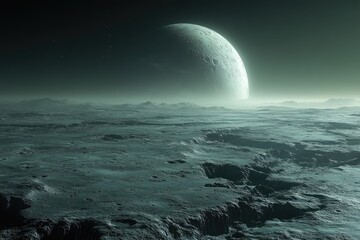 Distant alien moon over a desolate, icy planet.