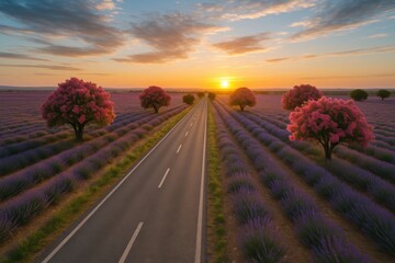 Serene Road Through Lavender Fields: A picturesque road stretches invitingly through vibrant rows of lavender, lined by blooming trees under a captivating sunset sky.