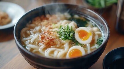 Steaming Bowl of Udon Noodle Soup Topped with Egg and Green Scallions Closeup Shot