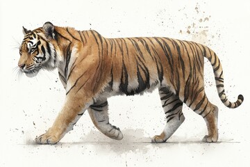 Naklejka premium Walking Tiger Illustration Orange and Black Stripes on White Background