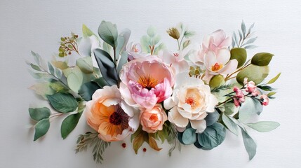 Pastel watercolor floral bouquet in artistic still life, evoking delicate beauty and serene harmony.