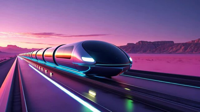 Futuristic Hyperloop Train Moving on Elevated Track at Sunset in Desert