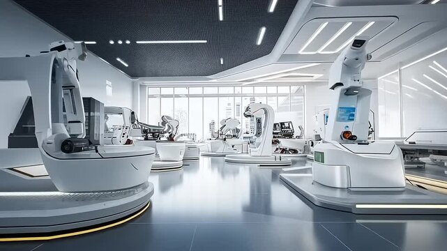 Futuristic robotic assembly line showcasing advanced automation in a modern facility