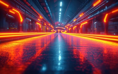 Obraz premium Futuristic tunnel corridor illuminated by vibrant neon lights.