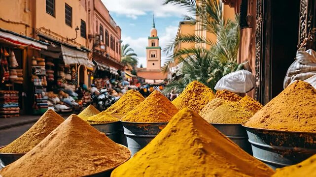 Moroccan spice market, vibrant colors, bustling street