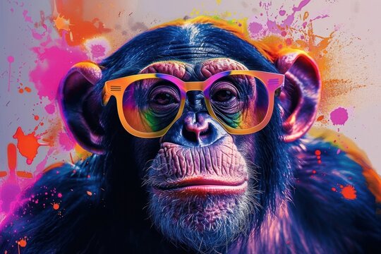vibrant colorful artistic close-up of a monkey wearing neon orange glasses with intense blue and purple fur with splashes of multicolored paint in background, energetic and dynamic atmosphere