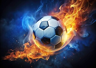 Fototapeta premium Fiery Soccer Ball Low Light Photography - Dark Blue Background, Burning Football Image