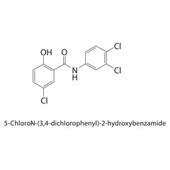 5-Chloro-N-(3,4-dichlorophenyl)-2-hydroxybenzamide skeletal structure. Chlorinated Benzamide compound schematic illustration. Simple diagram, chemical formula.