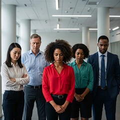 Obraz premium Somber Diverse Business Team with Heads Bowed in Office portrait of business people in office