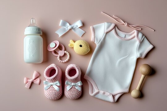Sweet baby girl essentials adorable pink booties and bodysuit newborn photoshoot props