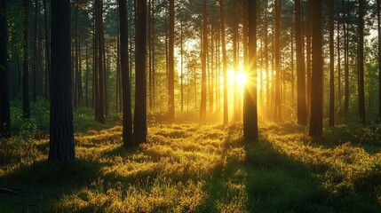 Fototapeta premium Golden sunlight streaming through tall pine forest trees calm rays wild view woods green beams image