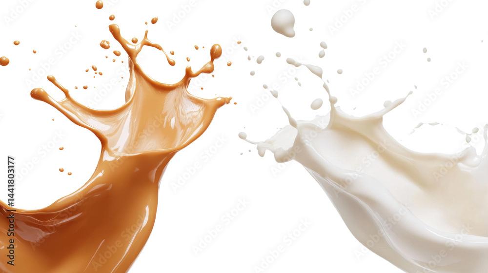 Aufkleber Dynamic collision of coffee and milk fluids creating artistic patterns on transparent space