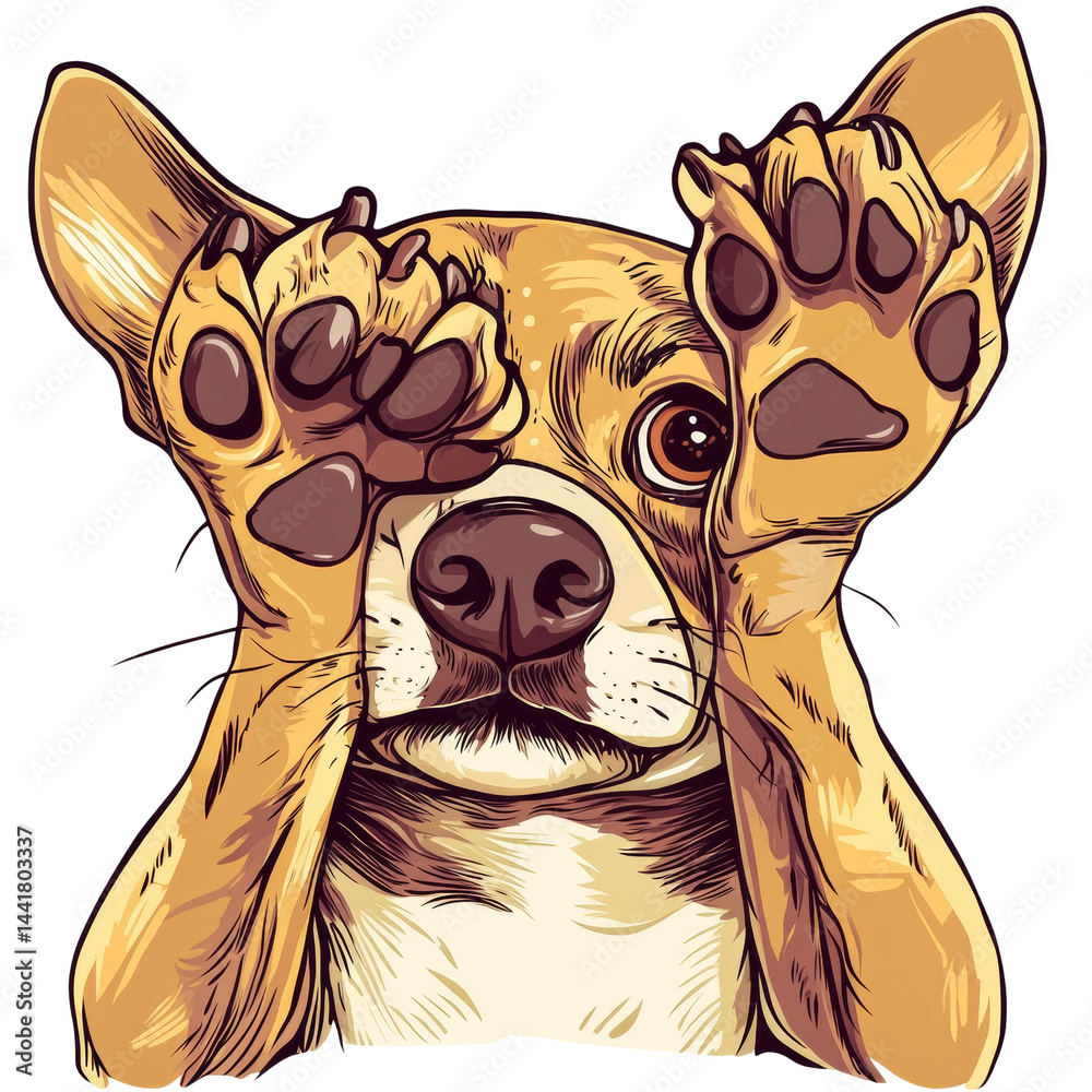 Poster Whimsical illustration of a playful corgi peeking through its paws on a clean backdrop