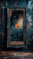 Antique mirror in dark, grungy room