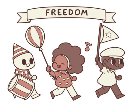 Cute Freedom Day parade doodle with kids marching, music notes, balloons, and festive decorations