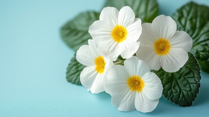 Obraz premium White primroses, blue background, spring, floral, greeting card