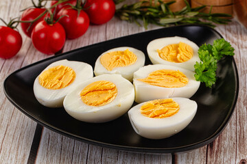 Boiled chicken eggs with bright yolk