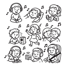 Hand Drawn Kids Listening to Music and Audio Stories Icon Set