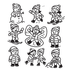 Hand Drawn Black and White Icons of Kids Playing in the Snow and Winter Sports