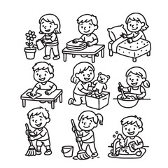 Hand Drawn Black and White Icon Set of Kids Helping with Household Chores