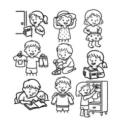 Hand Drawn Black and White Icons of Kids Dressing Themselves