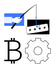 Hand using fishing rod hooking password label next to cryptocurrency symbol and gear icon. Ideal for cybersecurity, phishing awareness, blockchain, hacking threats, encryption, password safety