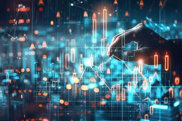 Hand interacting with glowing digital financial charts and data visualizations over a blurred cityscape background emitting a futuristic, dynamic, and analytical atmosphere