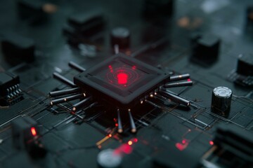 Futuristic Microchip with Glowing Red Center and Integrated Circuitry, Cyberpunk Tech Visual