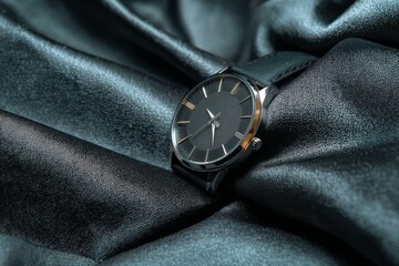 Elegant Wristwatch Displayed on Luxurious Dark Fabric, Emphasizing Timepiece Design and Texture