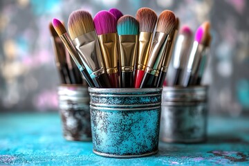 Colorful makeup brushes in decorative metal containers.