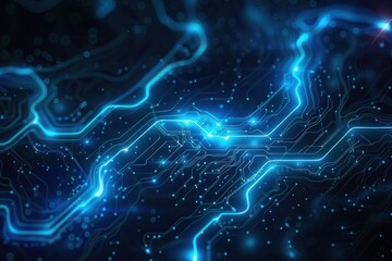 Glowing blue circuit lines and electronic pathways forming a dynamic digital network on a dark background, evoking futuristic technology and energy flow