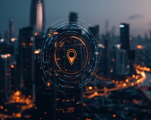 Futuristic city map interface, location technology