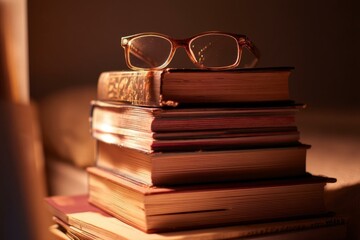 Stack of Vintage Books with Reading Glasses on Top, Warm Lighting, Cozy Home Library Ambience, Study and Learning Concept