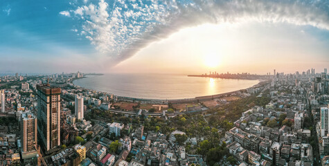 Most beautiful sunset with dramatic clouds at Marine Drive, Mumbai