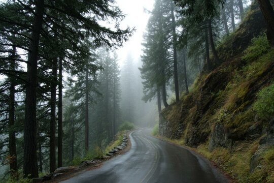 Winding road curves through a misty forest, sunlight peaks through tall trees creating a peaceful and scenic view