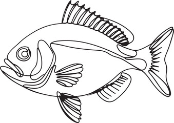 Minimalist abstract continuous line art drawing of a black fish swimming drawn with a simple black linear sketch style isolated on a clean white background in vector format