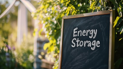 A dark gray chalkboard sign, with large the words Energy Storage written in a light, slightly uneven, blurred background of out-of-focus greenery and a wind turbine