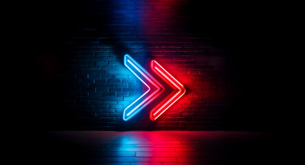 Vibrant red and blue neon arrows point right, illuminated against a dark brick wall.  The glowing signs cast reflections on the floor.