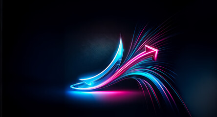 A vibrant, upward-pointing arrow composed of glowing neon blue and pink light trails against a dark background. The arrow's design suggests rapid growth and progress.