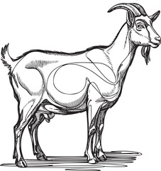 Minimalist black linear continuous line art sketch of a goat standing isolated on a clean white background created in a simple elegant vector illustration style