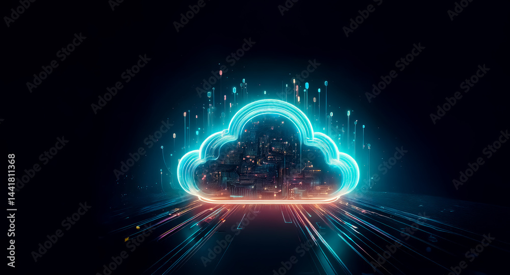 Wall mural glowing cyan cloud icon, filled with data streams, rests on streaks of light against a dark backgrou