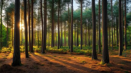 Fototapeta premium Golden sunlight streaming through tall pine forest trees calm park view woods green brown image photo