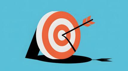 Precise arrow hitting the bullseye of a target minimalist vector illustration on light blue backdrop