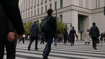 走って横断歩道を渡り朝の通勤するビジネスマンたちの後ろ姿のスローモーション　東京 - Powered by Adobe